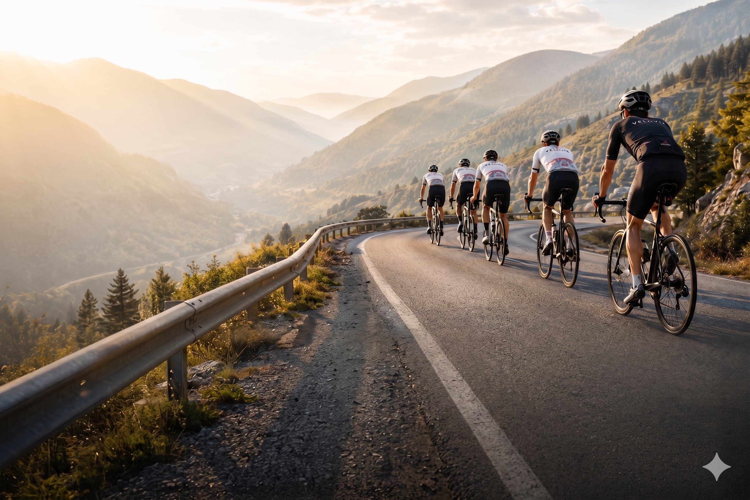 Cyclists climbing a mountain road in the Rhodope Mountains at golden hour