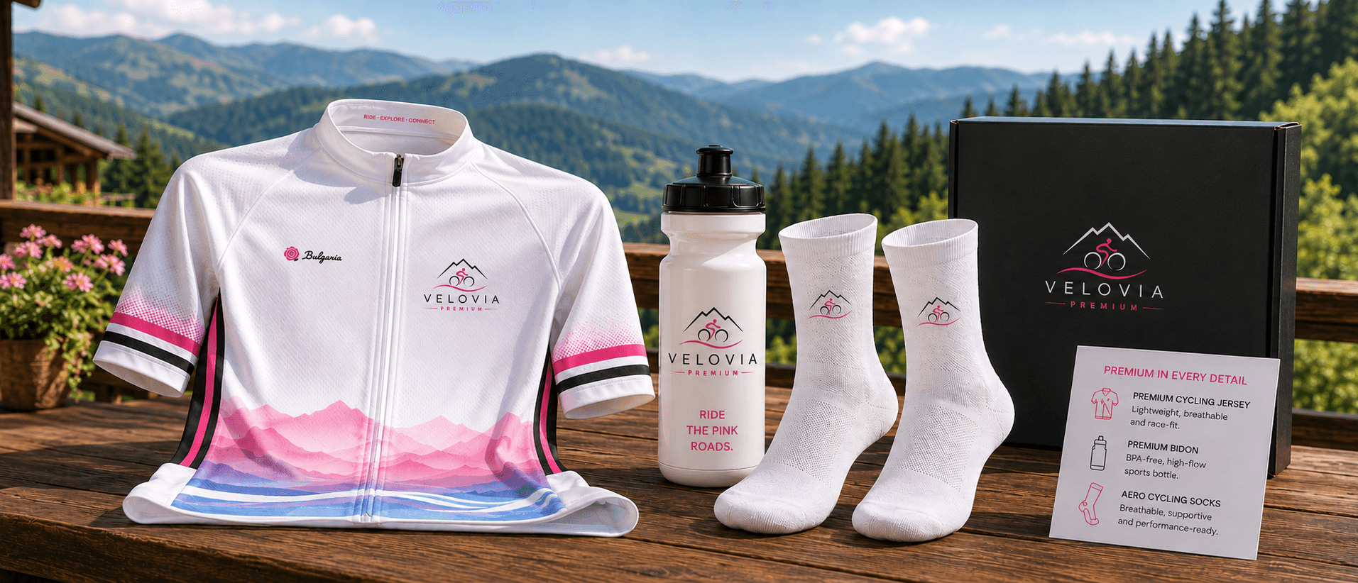 VELOVIA welcome kit — jersey, bottle and aero socks